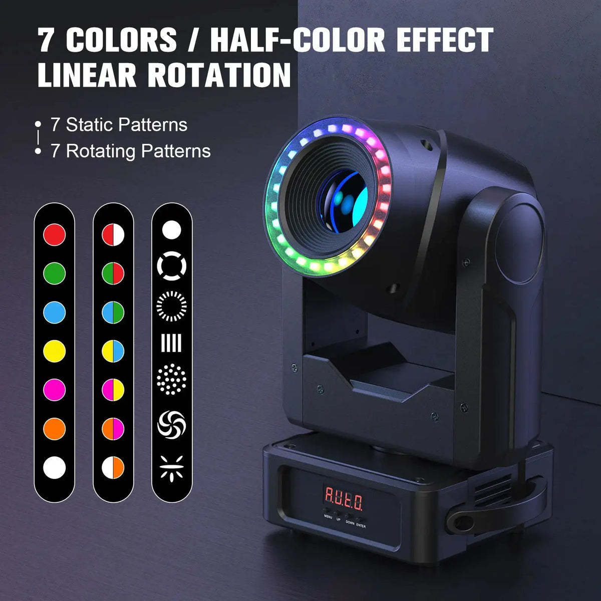 U'King 120W Focusing Moving Head Light DMX Stage Light with Halo Strip 7Gobos 7Colors 3Prisms RGBW LED Spotlight for DJ Disco