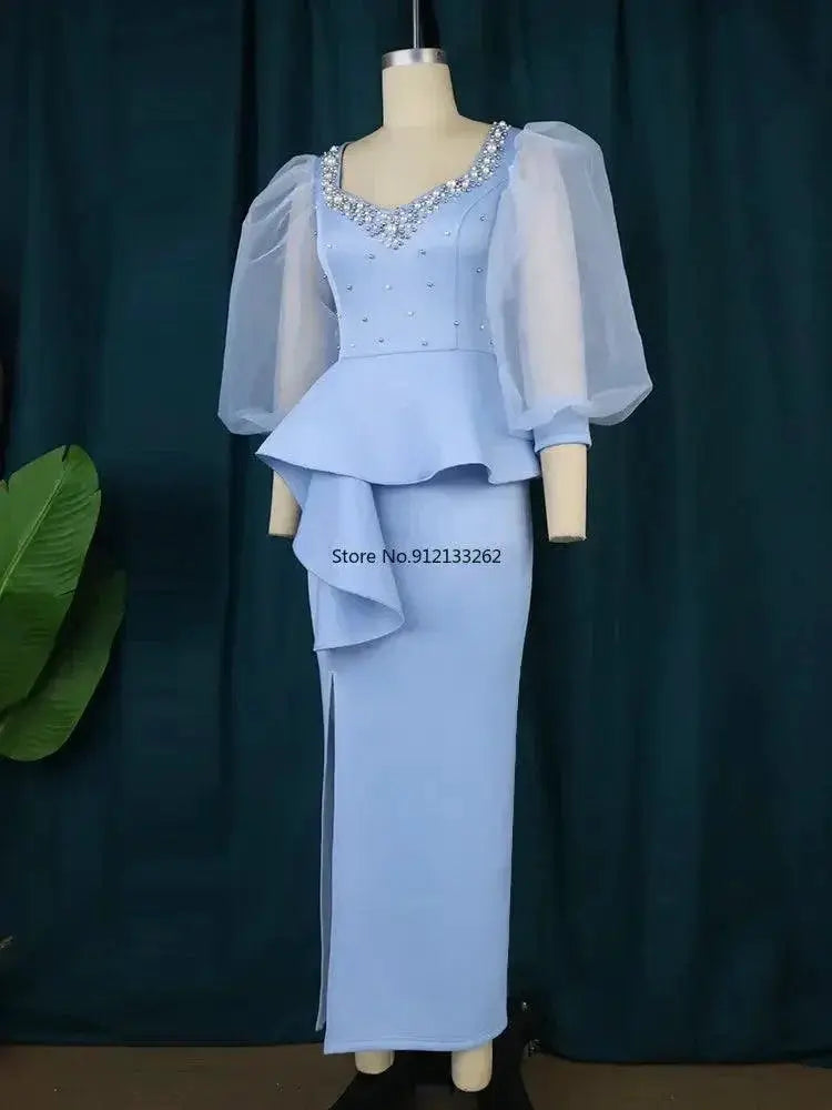 Blue Beaded Lantern Sleeve Peplum Dress Nightwear Elegance