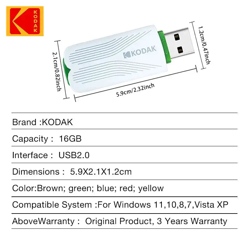 5 Colors /lot Kodak USB 2.0 Flash Drive 16GB High Speed U Disk All-in-One Portable Storage with Multi-Device Support