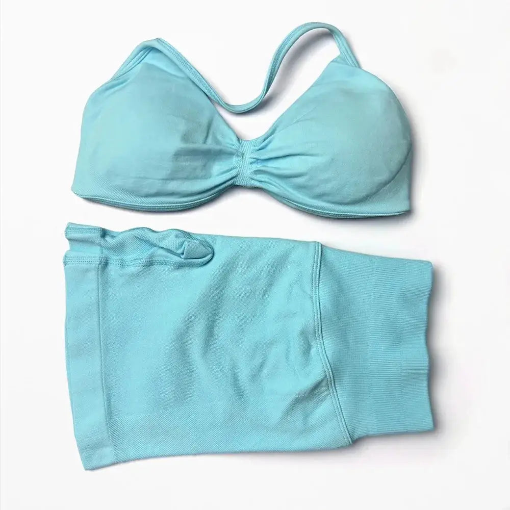 STOUREG 2 Pieces Yoga Gym Set Women Seamless Strappy Yoga Bra High Waist Workout Scrunch Shorts Set Fitness Clothes Sportswear
