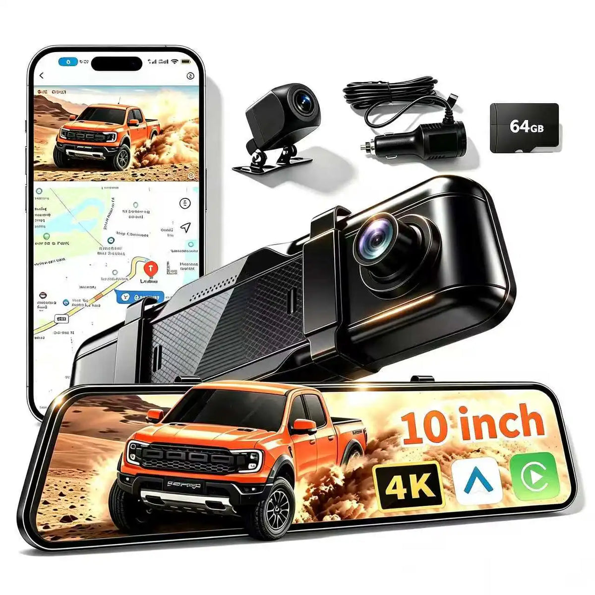 Ultrawide '' Rear View Mirror Camera with Carplay & Android — product view 1