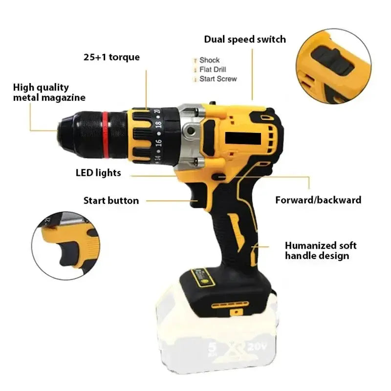 20V Cordless Brushless Hammer Drill 20 Plus 3 Torque Tool