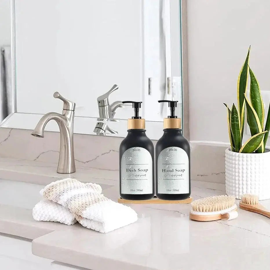 Bamboo Soap Dispenser Set for Bathroom and Kitchen Organizer