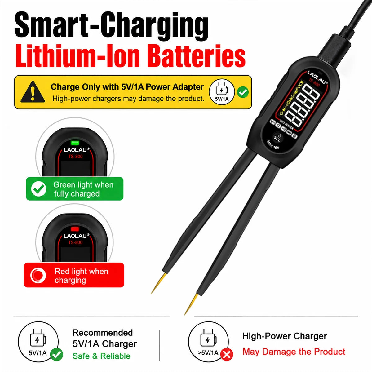 TS800 Smart Tweezers LCR Meter SMD Tester Auto Range Voltage Resistance Capacitance Diode Continuity USB Rechargeable Test Tools