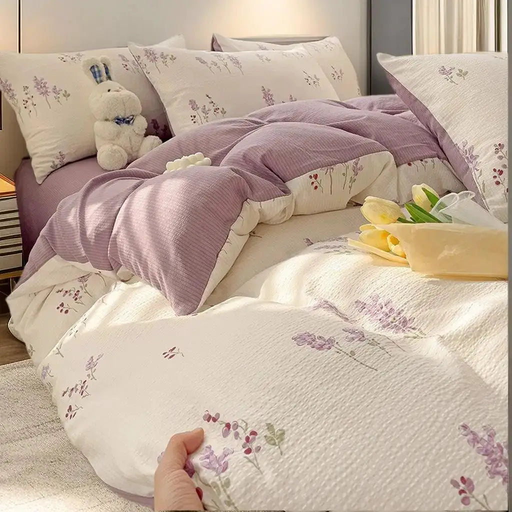 Cute Bear Pink Flower Bedding Set Soft Washed Cotton Quilt