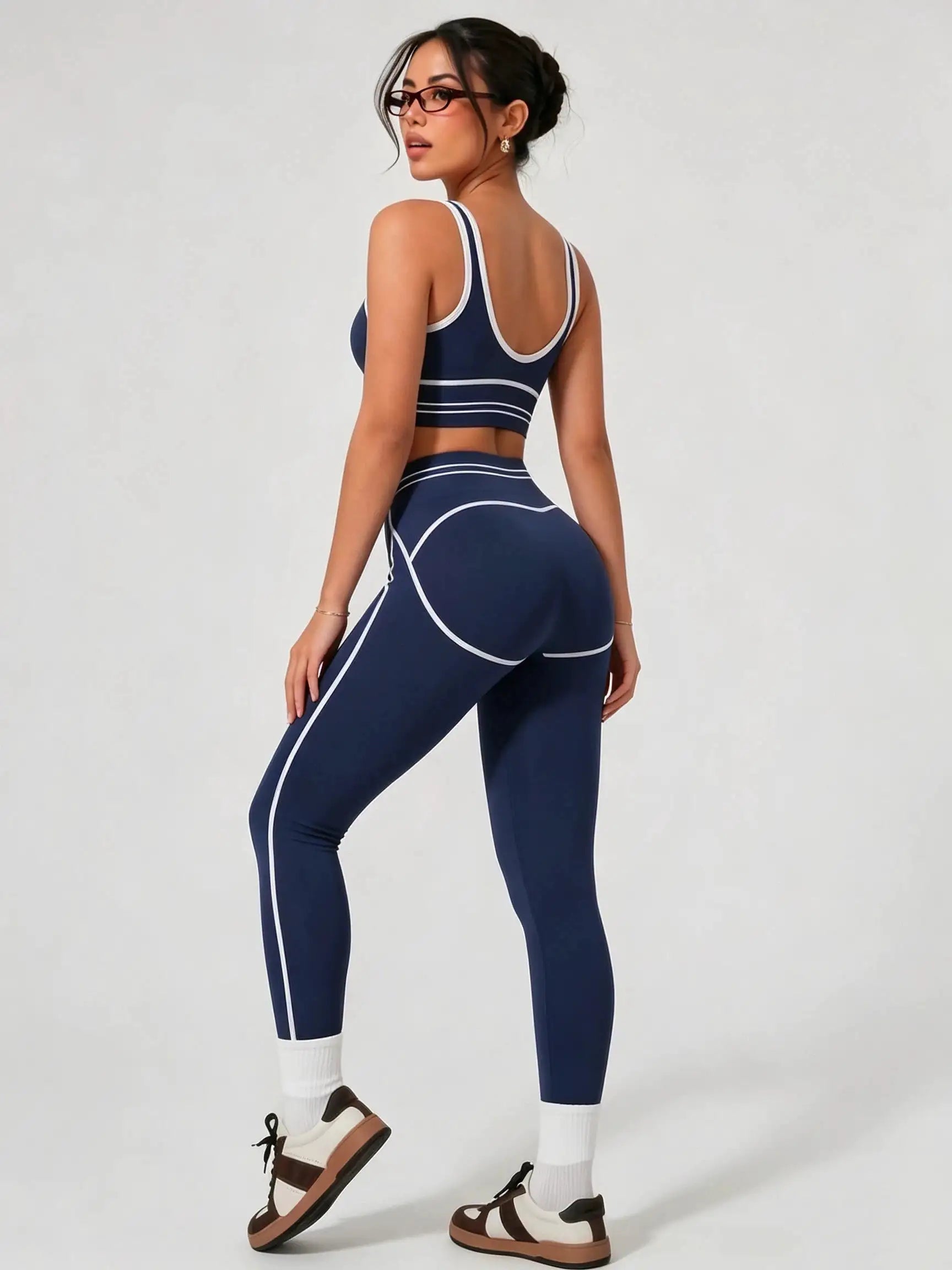 Contrast Trim Activewear Set Women Crop Tank Top High Rise Tummy Control Leggings Two Piece Sport Fitness Outfit