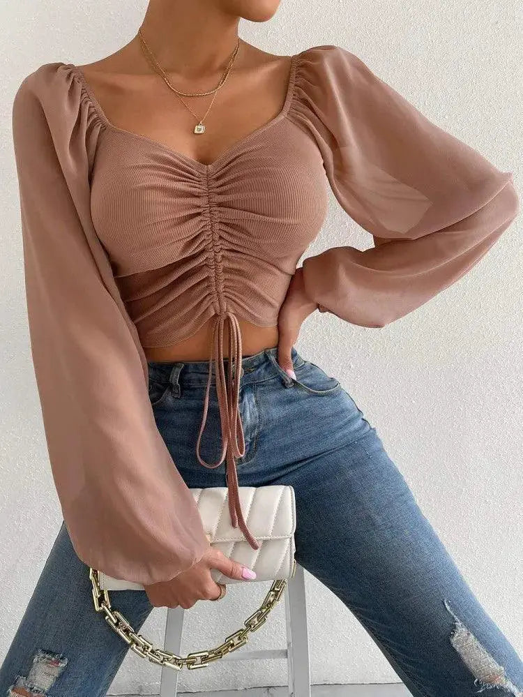 Seductive Lace Up Puff Sleeve Top Elegant Women's Fashion