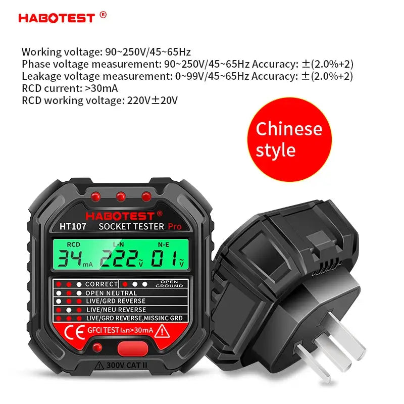 HT107 Digital Socket Tester Pro Voltage 30mA &5mA RCD Test Smart Detector EU US UK Plug Ground Zero Line Polarity Phase Check