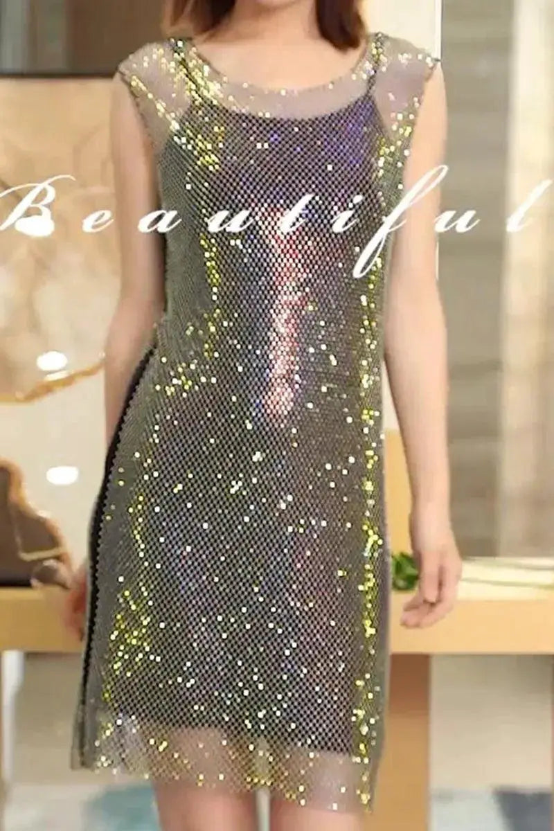 Diamond Mesh Party Midi Dress Elegant Glamorous For Events