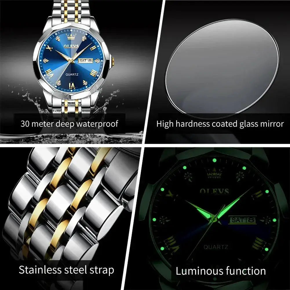 Olevs Men's Rhombus Mirror Watch With Luminous Dial