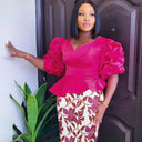 Shiny Peplum Blouse with Puff Sleeves Elegant Women's Top