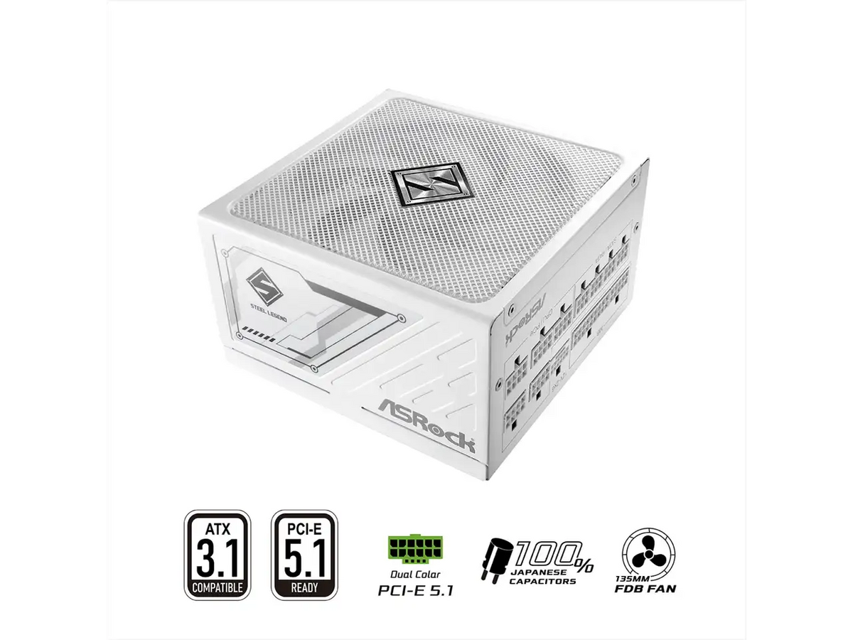 ASRock SL-1000GW Gold 1000W Full Modular Power Supply ASRock AIO PRO White 360 ARGB 27mm radiator, ARGB waterblock, ARGB Hub-lighting fan, white version
