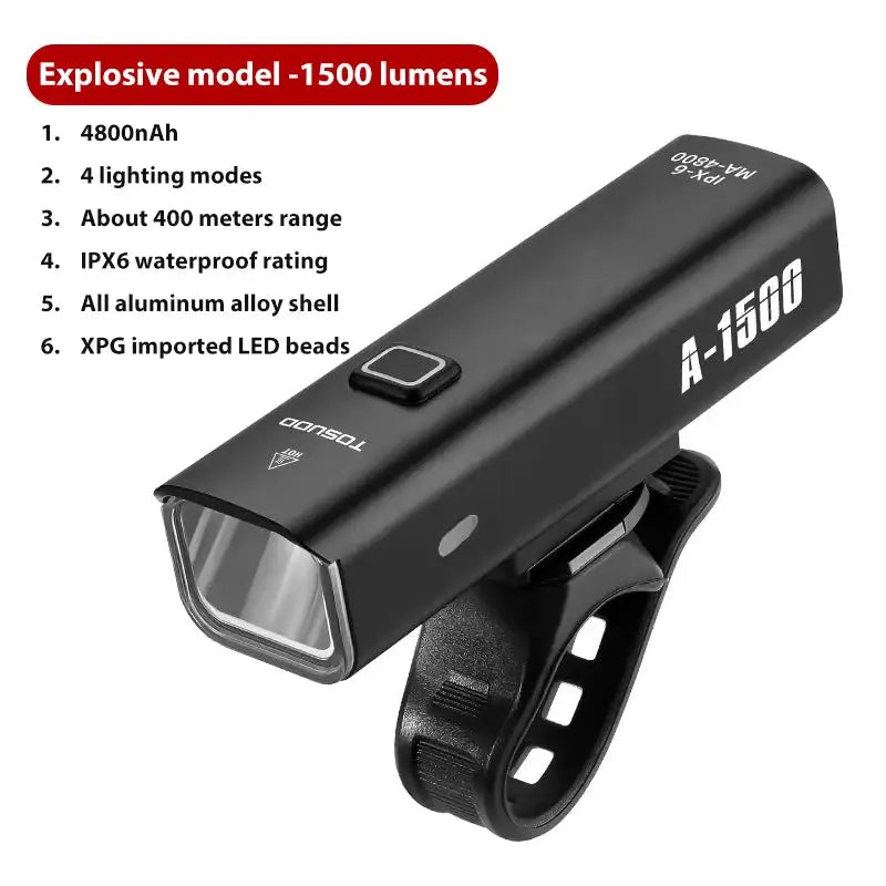 TOSUOD Bicycle Light 1000/1200/1500 Lumen Bike Headlight Power Bank Flashlight Handlebar USB Charging MTB Road Highlight