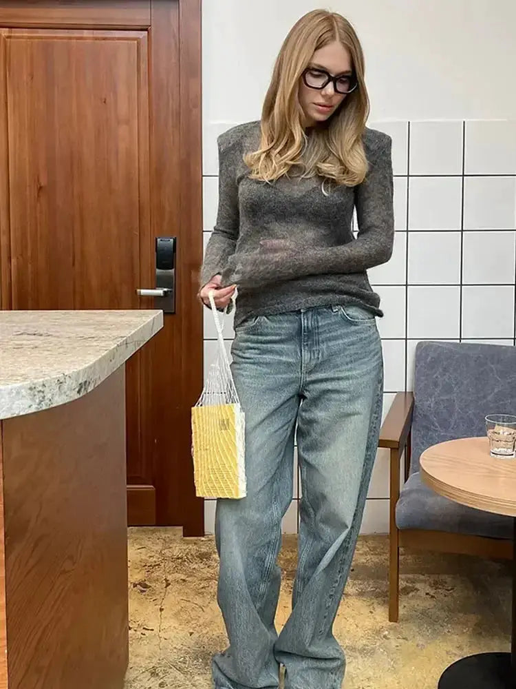 2024 New Fashion Solid Round Neck Thin Knitted Sweater Elegant Long Sleeve Bodycon Pullover Autumn Lady Commuting Street Outwear