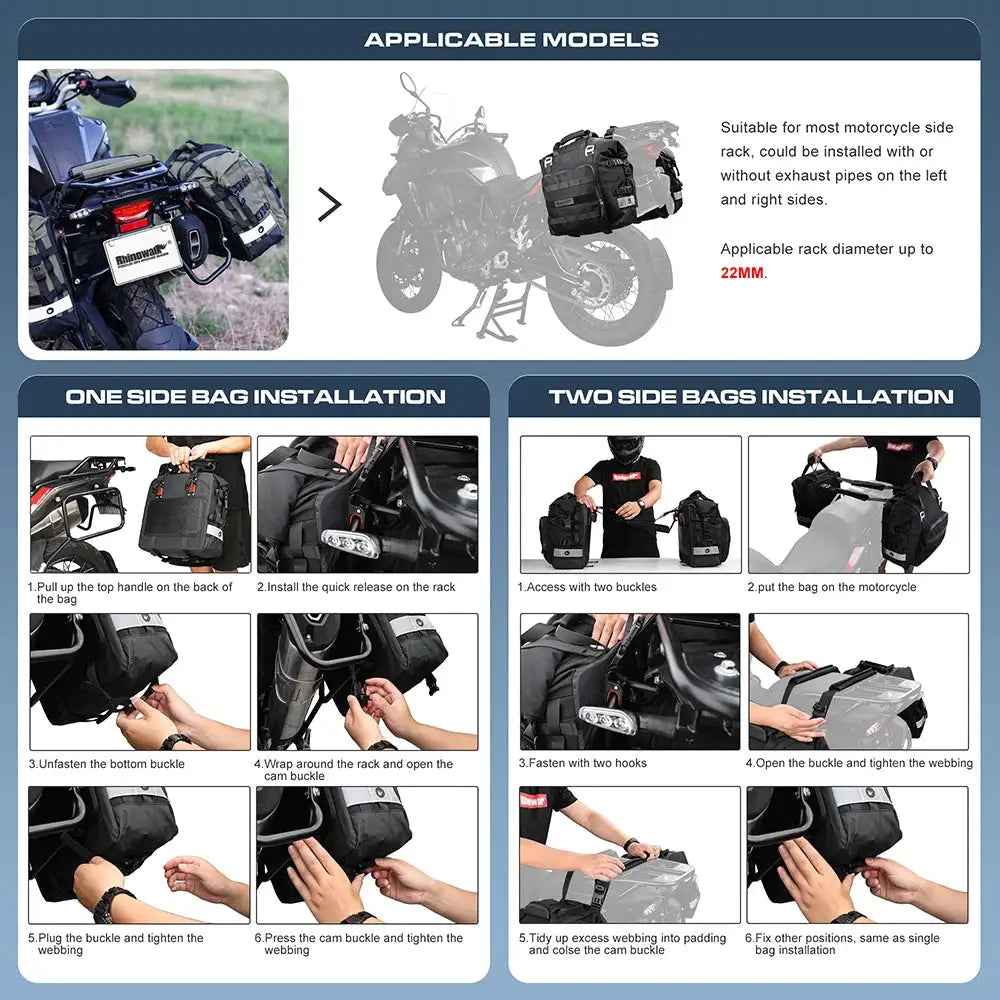 Rhinowalk Motorcycle Side Bag Fully Waterproof Inside 20L Expand 30L Universal Hook Saddle Bag With Removable Motorbike Luggage