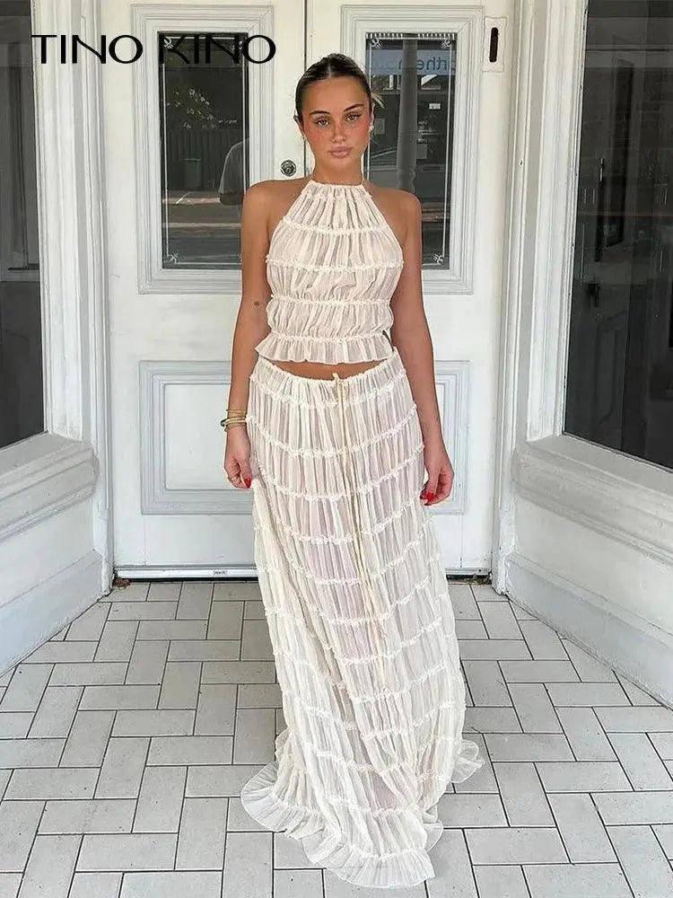 Bold Lace Up Maxi Skirt Suit Backless Sling Top Ensemble
