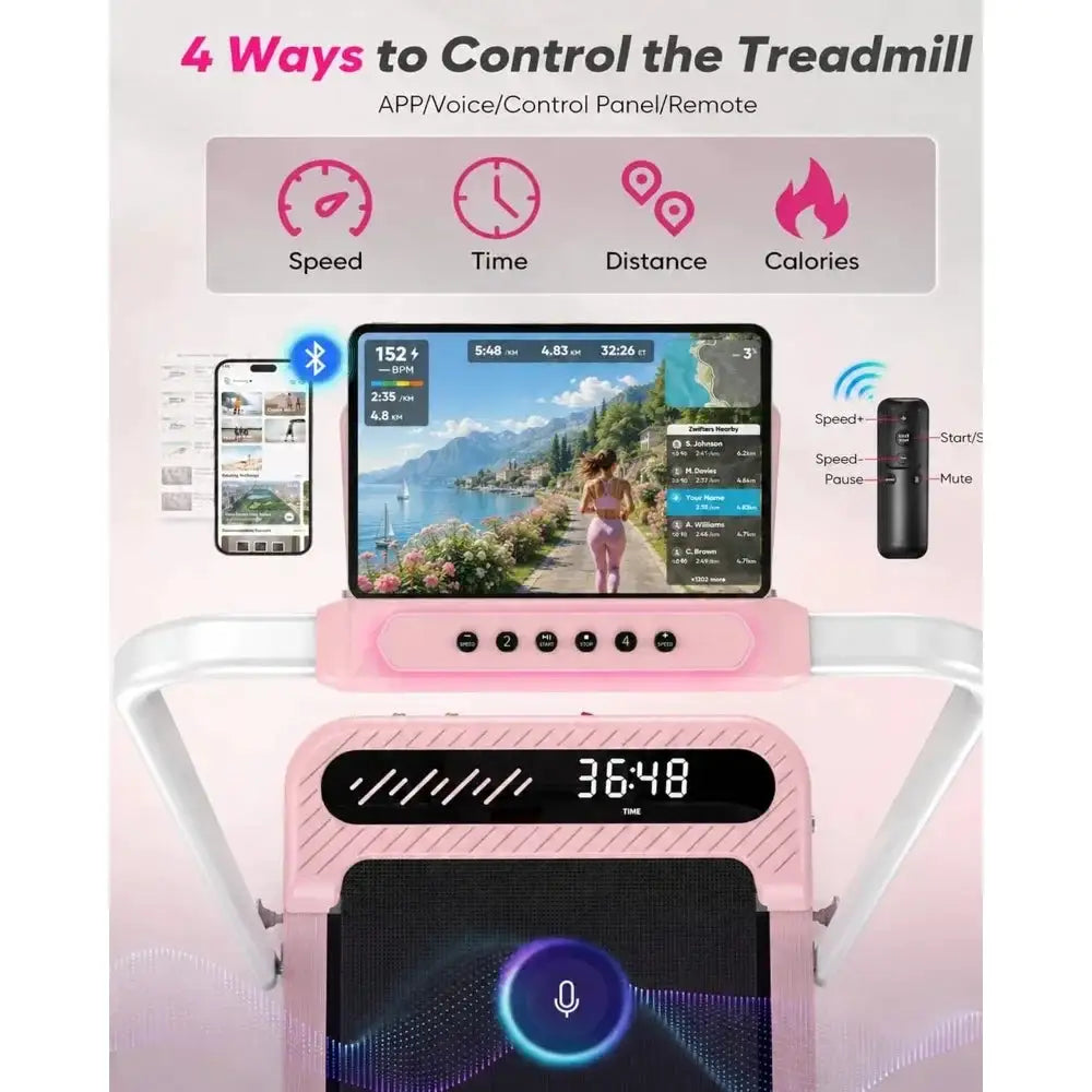 Pink Walking Pad with 10% Incline and Handle Bar, 3.0HP Quiet Foldable Treadmill, Home Office Use, App Control