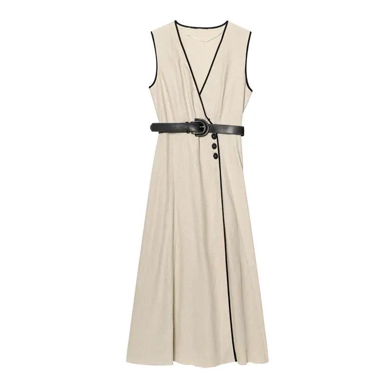 Y2K Patchwork V-neck Midi Dress With Belt Women Elegant Sleeveless Evening Party Tank Dress Summer Vacation Chic Beach Vestidos