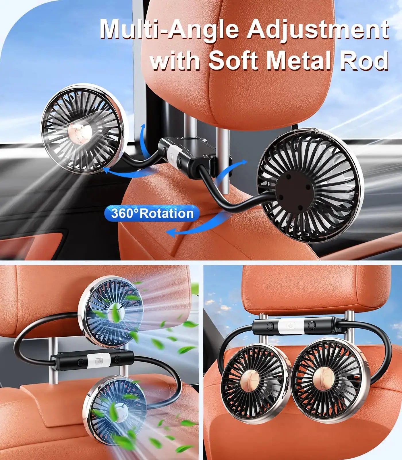 2026 Car Cooling Fan 360 Adjustable Dual Head Car Fan Low Noise Automotive Electric Fan Type C Charge for Dashboard RV Truck