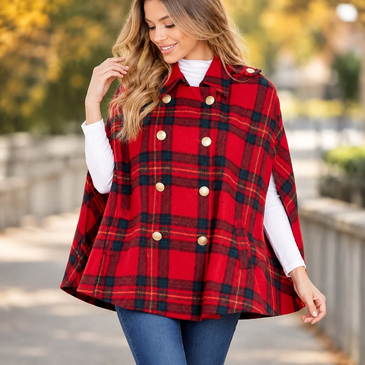 Plaid Patchwork V Neck Cape