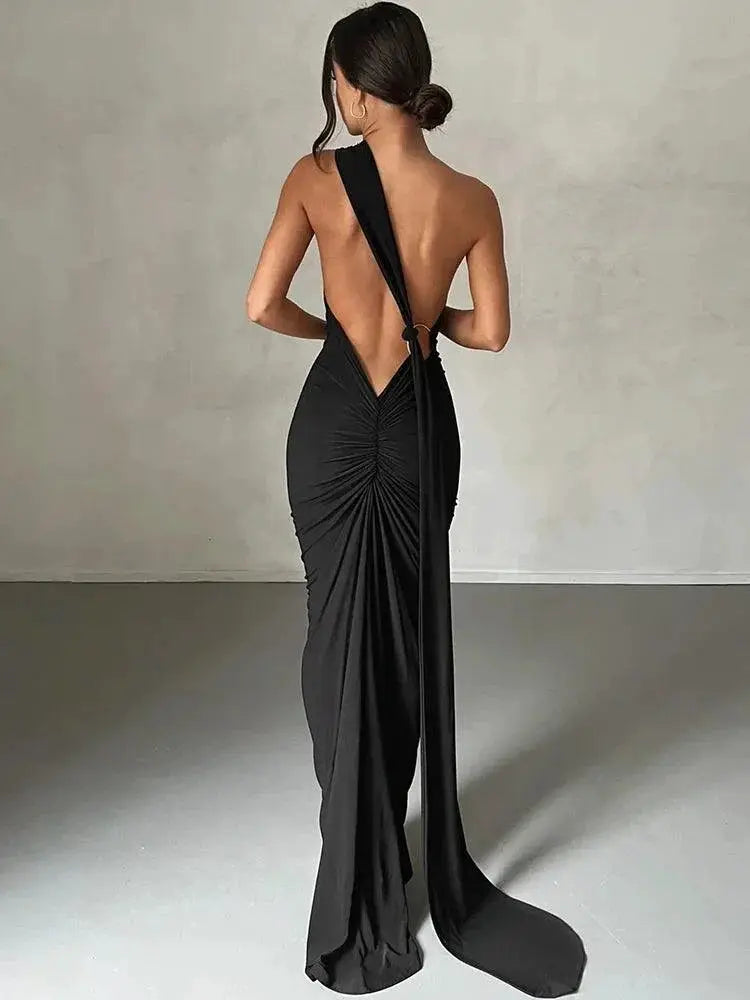 Elegant One Shoulder Backless Evening Gown Luxe Maxi Dress