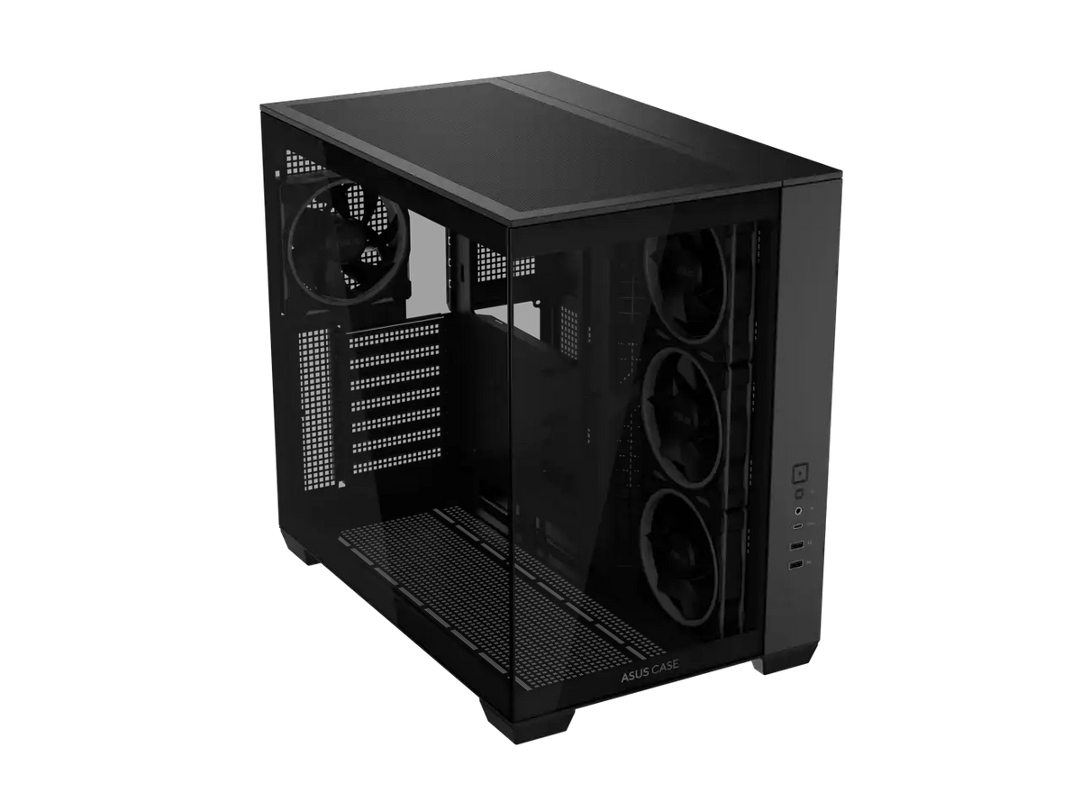 ASUS A32 PLUS Black ATX gaming PC case, support 360mm radiators and 420mm graphics cards, dual-chamber chassis for independent cooling zones, four pre-installed ARGB fans and clean cable management