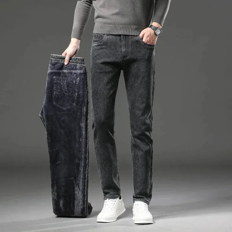 Winter Fleece Thick Warm Mens Slim Straight Denim Pants