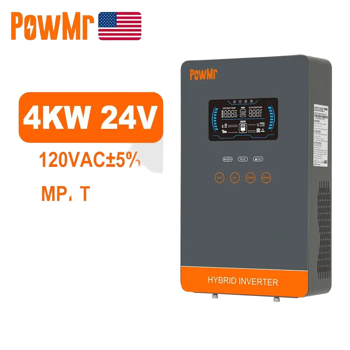 PowMr USA 4000W 24V Hybrid Solar Inverter Charger 100/110/120V AC Pure Sine Wave 140A MPPT Charger Max 5600W PV 55-350V DC Off Grid Inverter for Lead Acid AGM Gel Lithium Battery Home Emergency Solar Power System