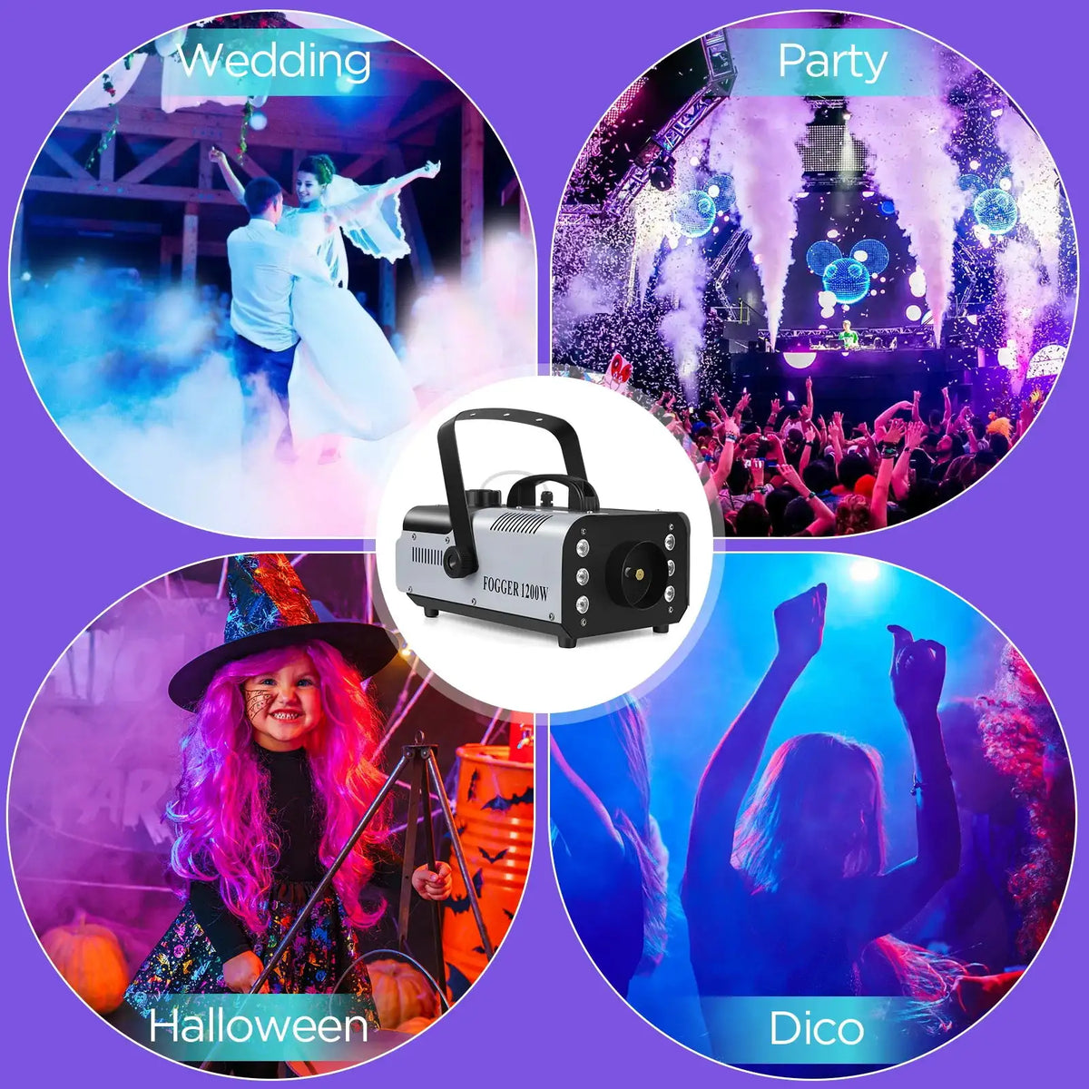 U'King 1200W Fog Machine 6LEDs Remote Fogger Ejector Disco Colorful Smoke Machine DJ Christmas Party Effects Stage Light
