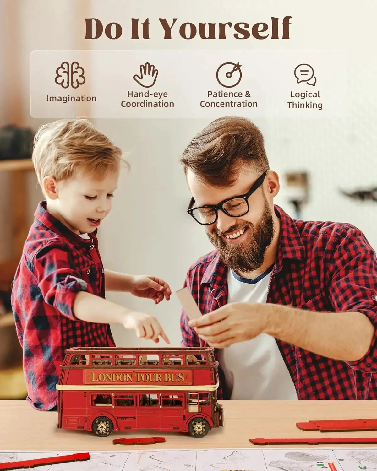 Robotime London Tour Bus 3D Wooden Puzzles Wood Model Toy Car to Build Crafts Collectibles Gifts for Boys Girls