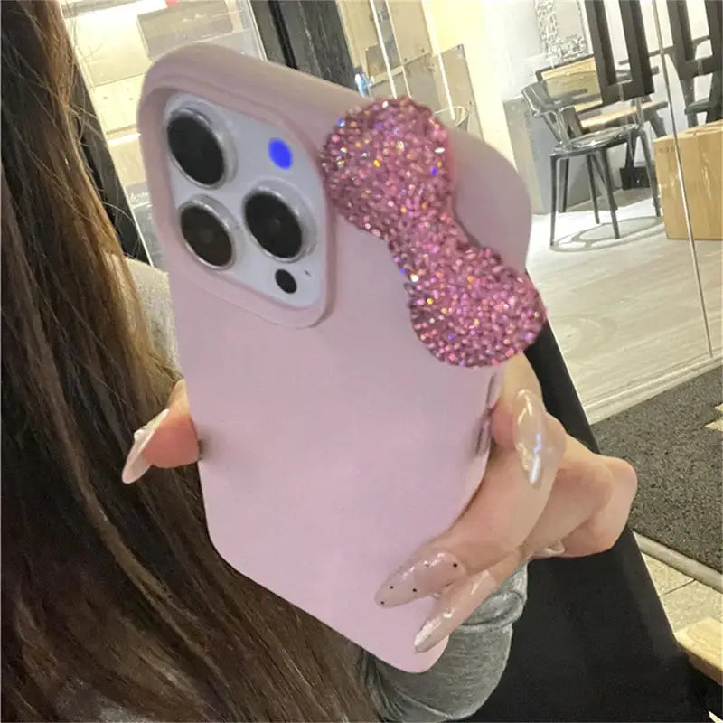 Luxury Rhinestone Bow Litchi Pattern Leather Shockproof Phone Case For iPhone 18 16 15 14 13 12 11 17 Pro Max X XS 7 Plus Case