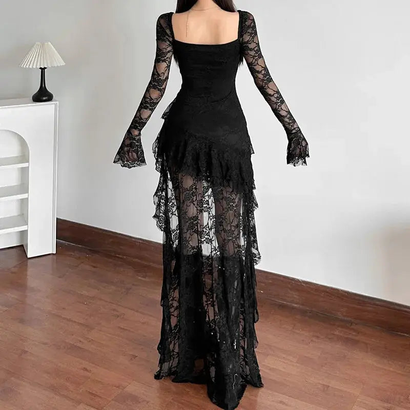 Fairycore Lace Flare Sleeve Square Neck A-line Dress Sweet E-girl Irregular Long Hem Dresses Cyber Y2K Party Vestido
