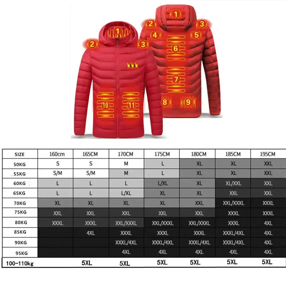 Mens USB Heated Hooded Jacket Waterproof Winter Warmer