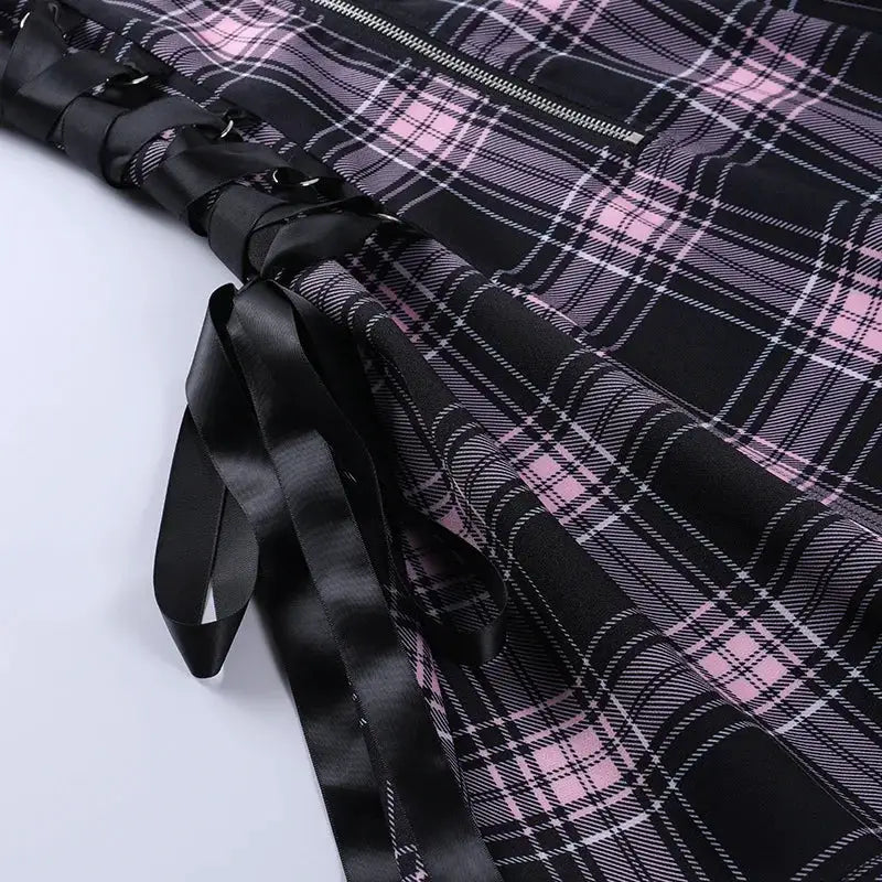 Goth Chic Y2K Blue Plaid Print Mini Dress with Side Tie Center Zipper A-Line Slip Bustier Sleeveless Dress for Women Fashion