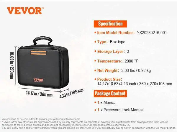 VEVOR Fireproof Document Bag With Lock 2000F Waterproof Box