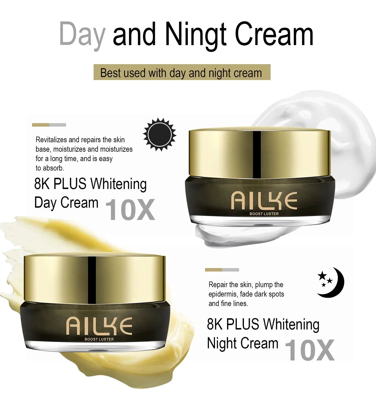 AILKE Whitening Face Cream, Reduce Dark Spots, Wrinkles, Melanin, Even Skin Tone, With Collagen, Glutathione, for All Skin Types