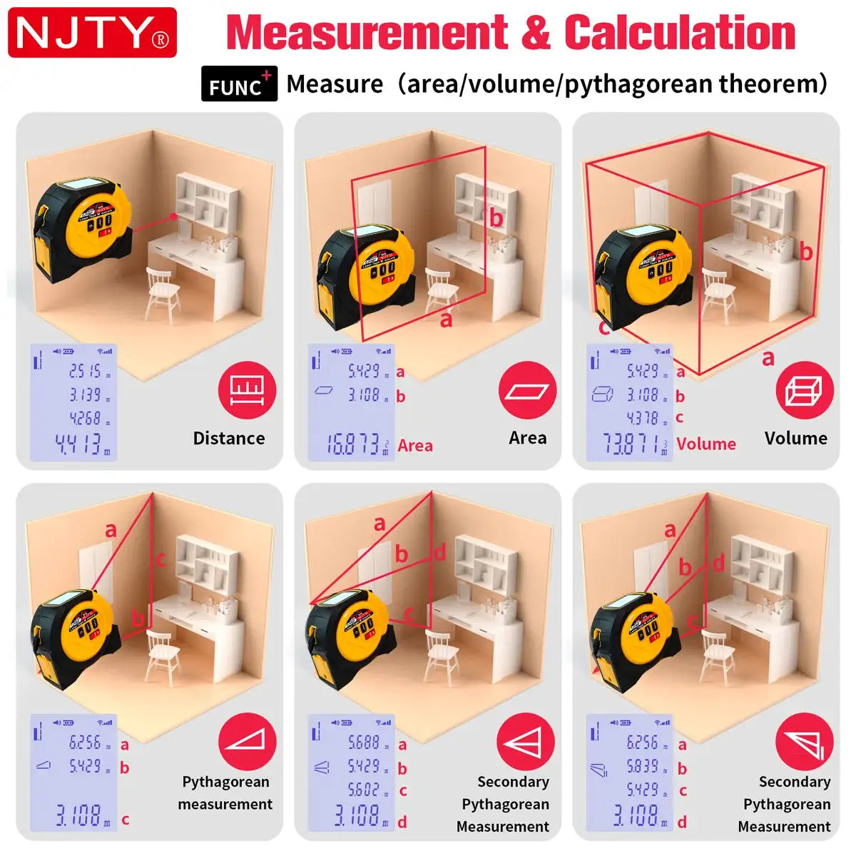 CJY007 Laser Distance Meter 40m 60m 3 in 1 Laser Tape Measure Cross Line Laser Area Volume Pythagorean Continuous Measuring Tool