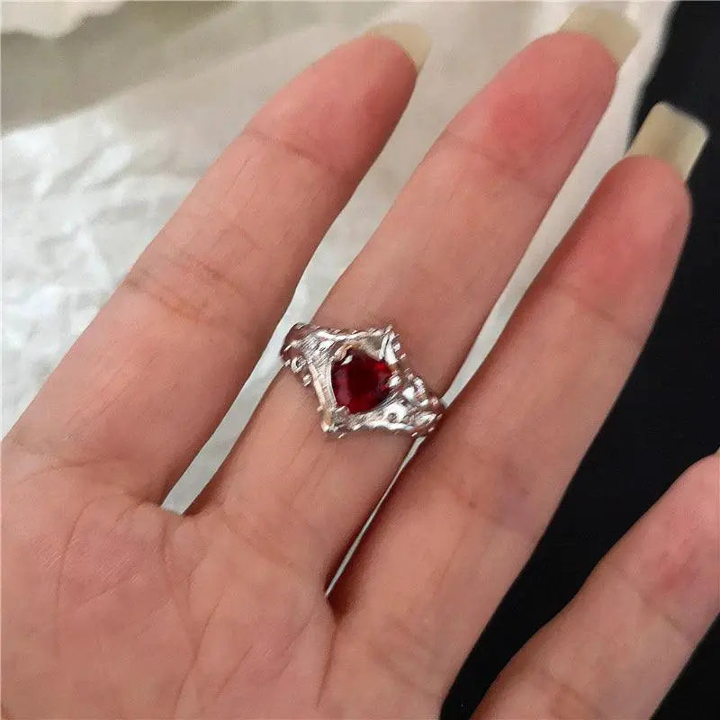 Red Crystal Heart Ring With Spider Motif Gothic Jewelry