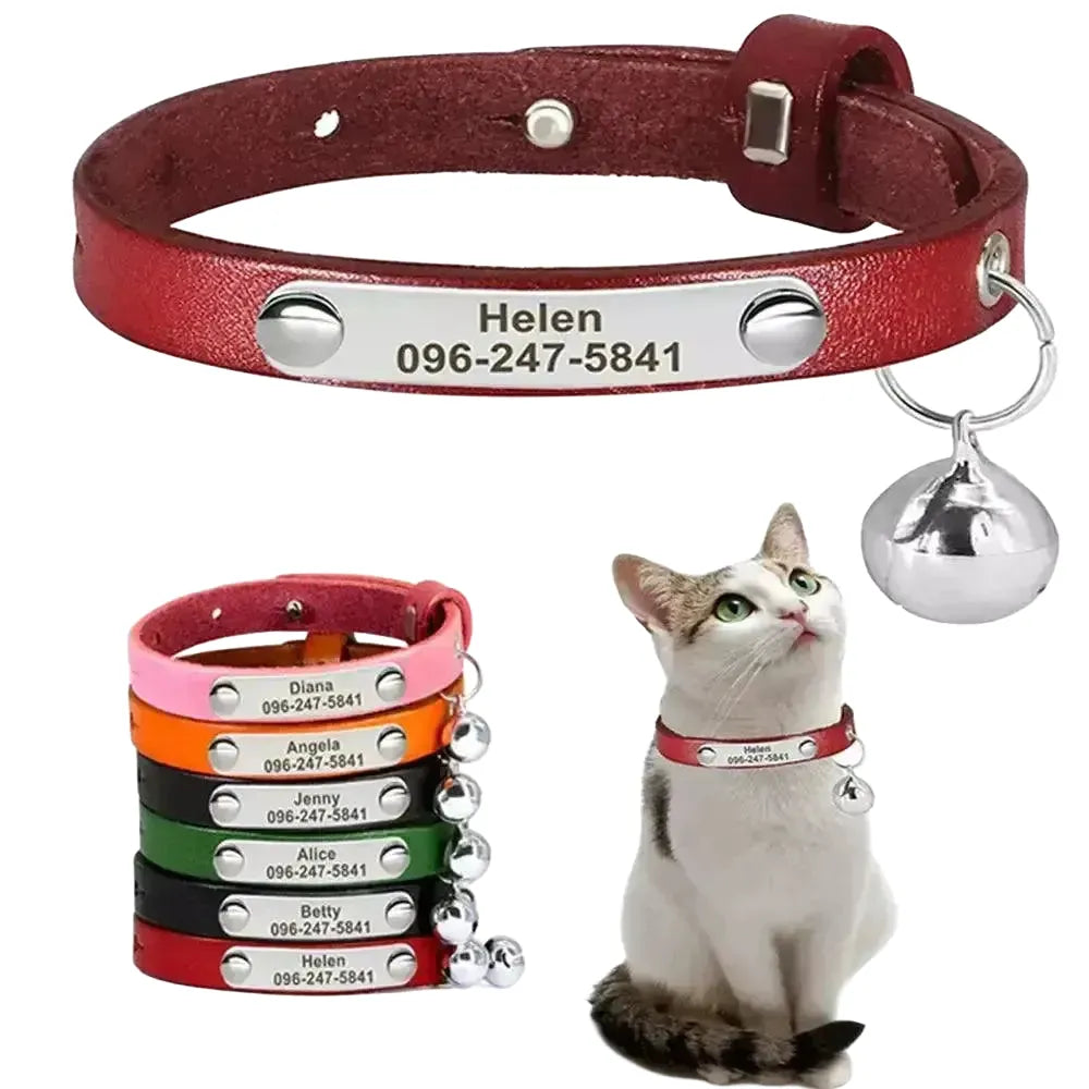 Leather Cat Collar with Bell Safety — Brown