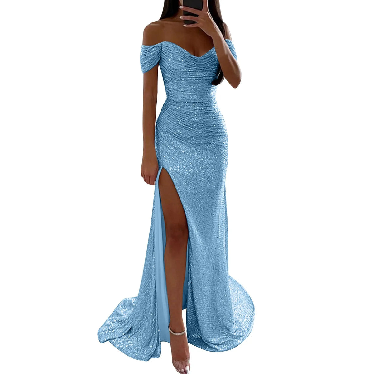 Off Shoulder Sequin Slit Dress