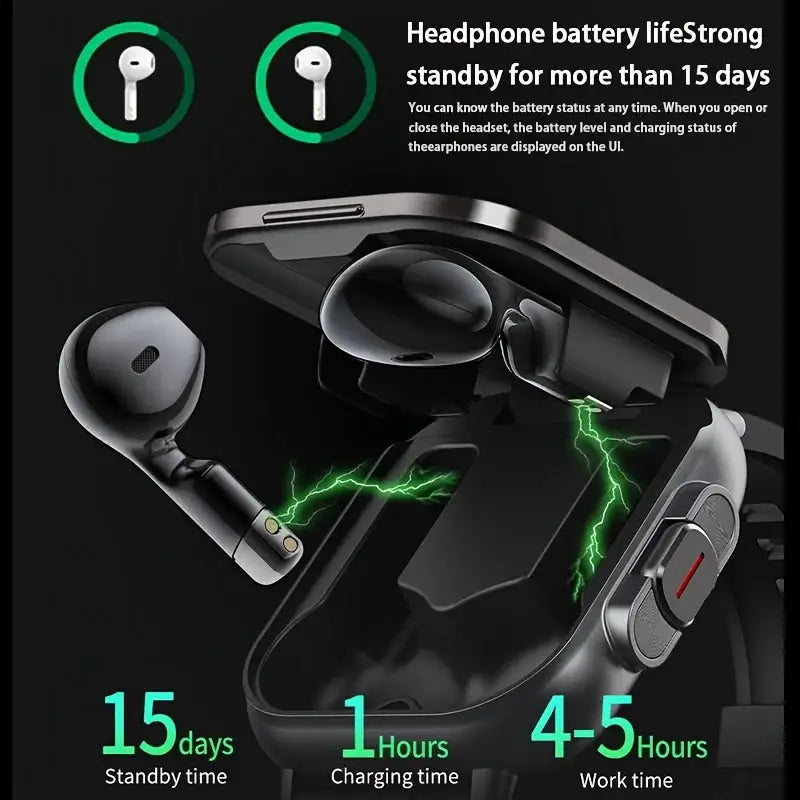 2-in-1 Smart Watch with Hidden Wireless Earbuds Compatible for Android/iOS, Wireless Smartwatch with AI Translation, -Screen HD Display, Watch Faces, Music Playback, Payment System & Real-Time Alerts Suitable for Men and Wome