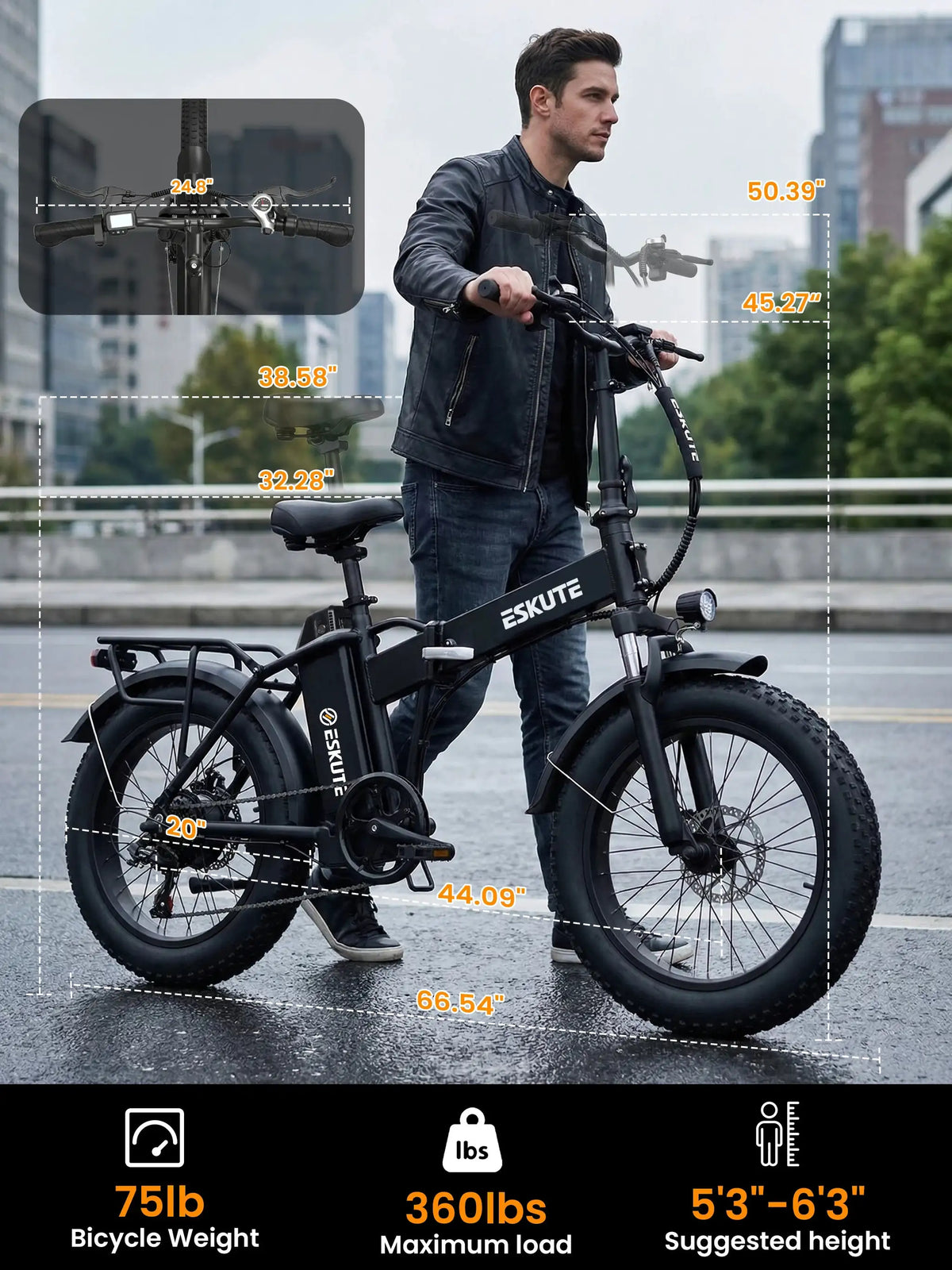 ESKUTE Electric Bike for Adults, 48V 20.8Ah Removable Battery, 20x4 Fat Tire Foldable Ebike with 1200W Peak Motor, Folding E Bike with 7‑Speed, 20+ MPH, up to 80 Miles, NFC Unlock