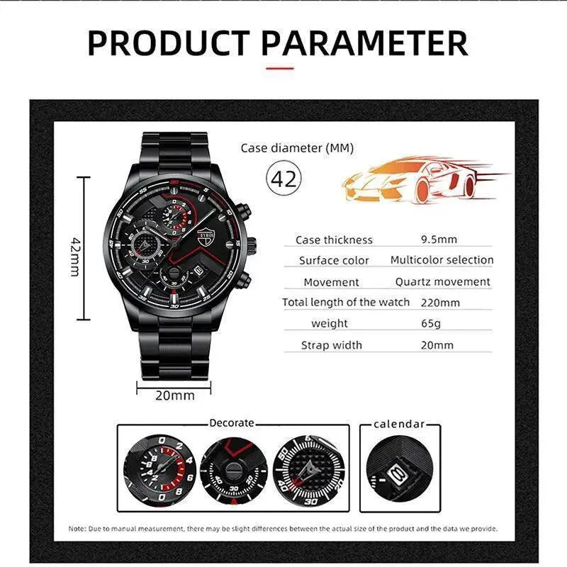 Men Stainless Steel Quartz Watch With Calendar Necklace Set