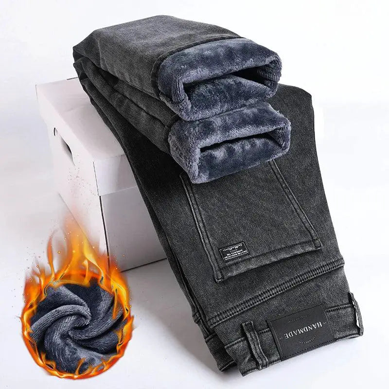Winter Fleece Thick Warm Mens Slim Straight Denim Pants