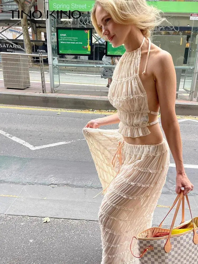 Bold Lace Up Maxi Skirt Suit Backless Sling Top Ensemble