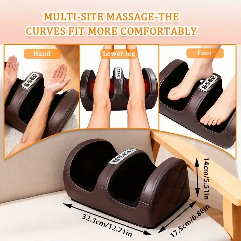 Electric Brown Foot Massager. Roller Acupressure Relaxation Massage, Targeted Massage of Foot Meridian Points. Two-Way Motion Modes, 3 Levels of Massage Intensity. Especially Suitable for Use on Calves, Feet, Legs, and Hands.