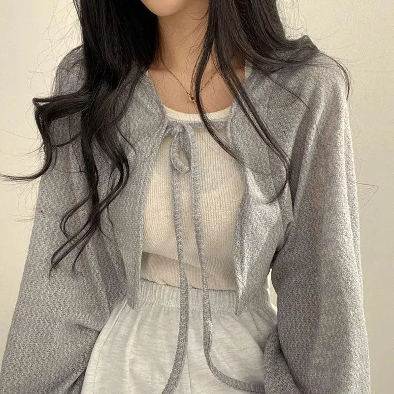 White Lace-Up Lantern Sleeve Cardigan Korean Style Staple