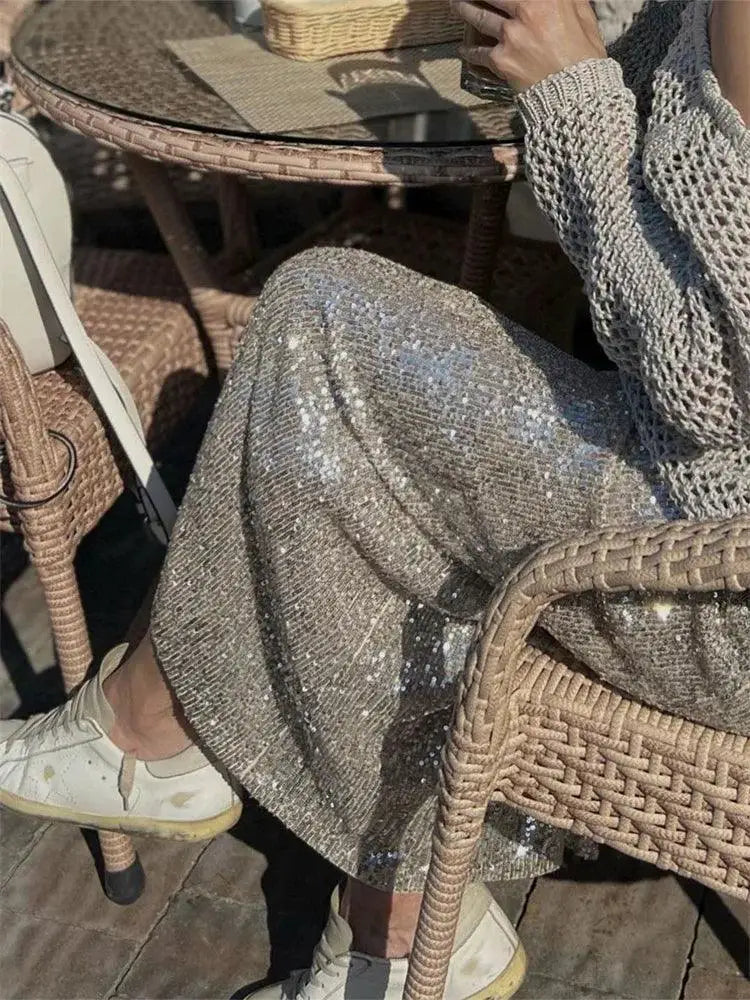 Sequin Maxi Skirt Glamorous High Waist Glitter Elegance