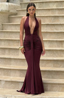 Mozision Deep V Neck Draped Maxi Dresses for Women Halter Backless Club Elegance