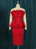 Red Ruffle Peplum Shoulder Dress Plus Size Evening Gown